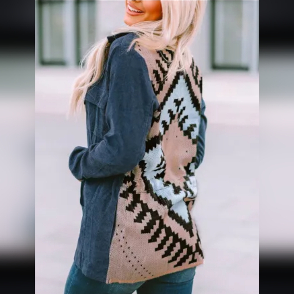 New Blue corduroy Aztec back jacket - Picture 3 of 17